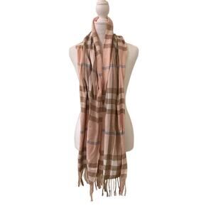 Pink & Tan Plaid Women's Winter Scarf with Fringe Edge, 64" x 14"